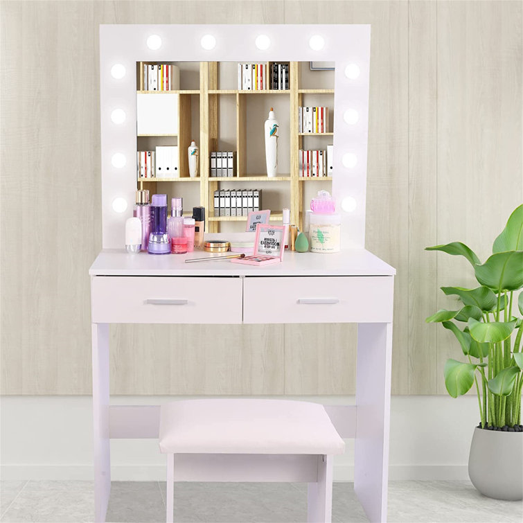 Vanity set with online lighted mirror and stool